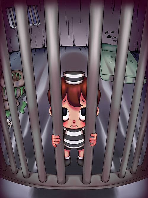 Illustration by Mickey Flores: "Should Life Without Parole Be a Permissible Punishment for People Who Have Committed Homicides as Juveniles?"