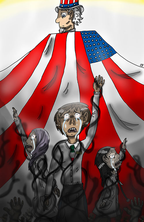 Illustration by Sarah Locander: "COVID's War on Immigrants"