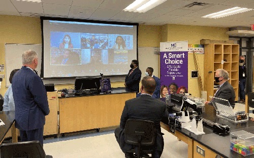 Secretary of Labor Marty Walsh, Congressman David Trone, and Senator Chris Van Hollen on the Rockville Campus