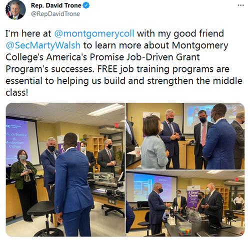 Tweet from David Trone sharing pictures from his visit to Montgomery College.