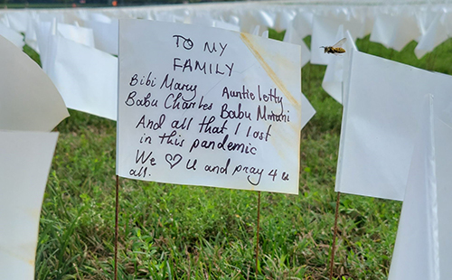 flag with written message as part of the art display